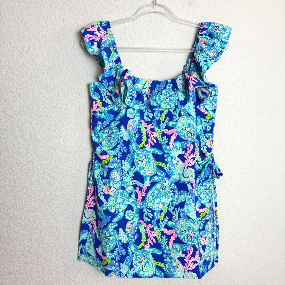 NEW Lilly Pulitzer Zoya Ruffle Romper Corsica Blue Turtle Villa Size 2 Tropical